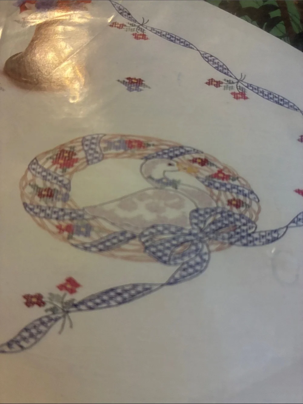 Bucilla Cream Tablecloth Pattern with Goose Blue Ribbon and Red Wreaths kit